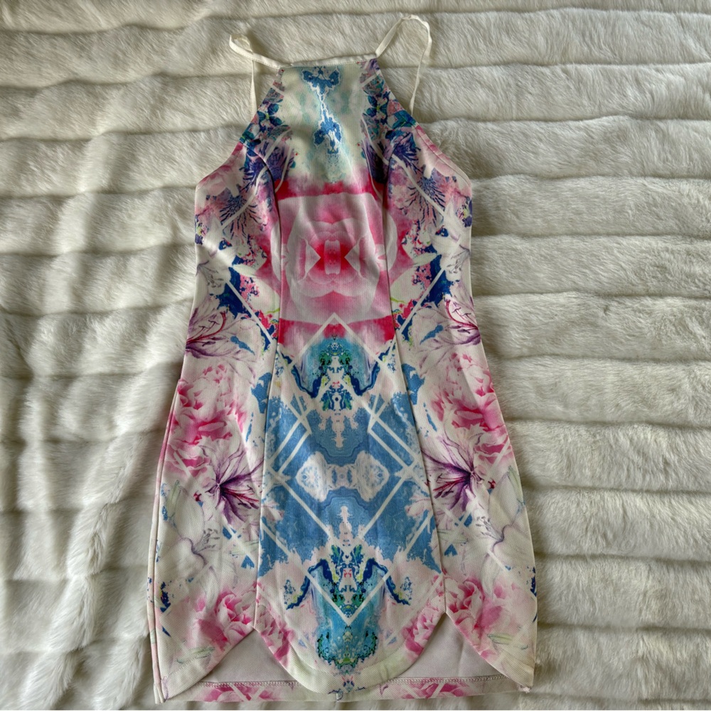 Floral Halter Dress with Abstract Print